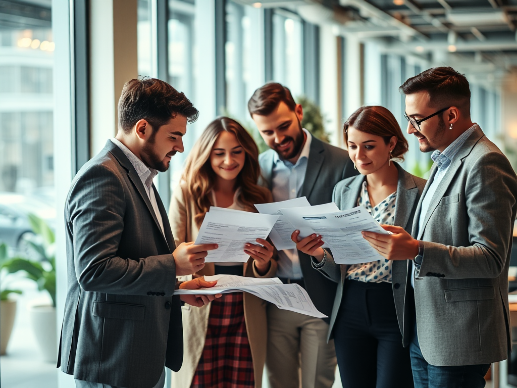 Nhóm nhân viên tài chính đang phân loại và kiểm tra các loại hóa đơn đầu ra trong văn phòng hiện đại, tập trung vào công việc nghiệp vụ tài chính