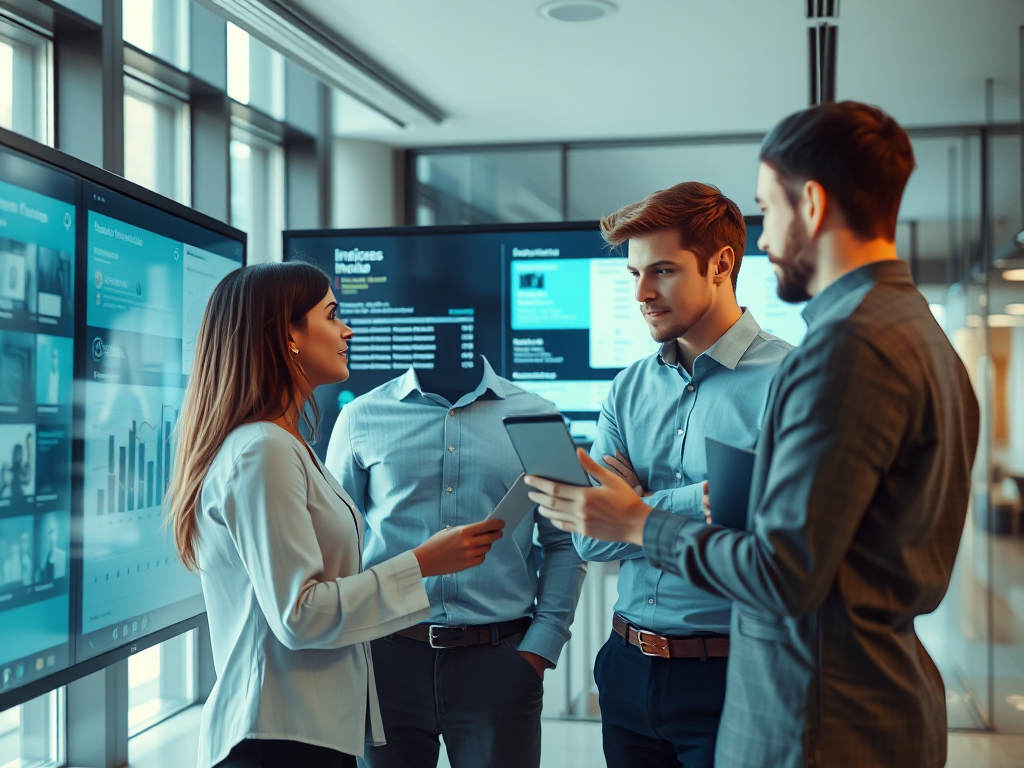 Nhóm nhân viên văn phòng hiện đại cùng phân tích hóa đơn điện tử trên màn hình máy tính, không gian làm việc chuyên nghiệp với ánh sáng tự nhiên, thể hiện dịch vụ hóa đơn điện tử trong hoạt động do...