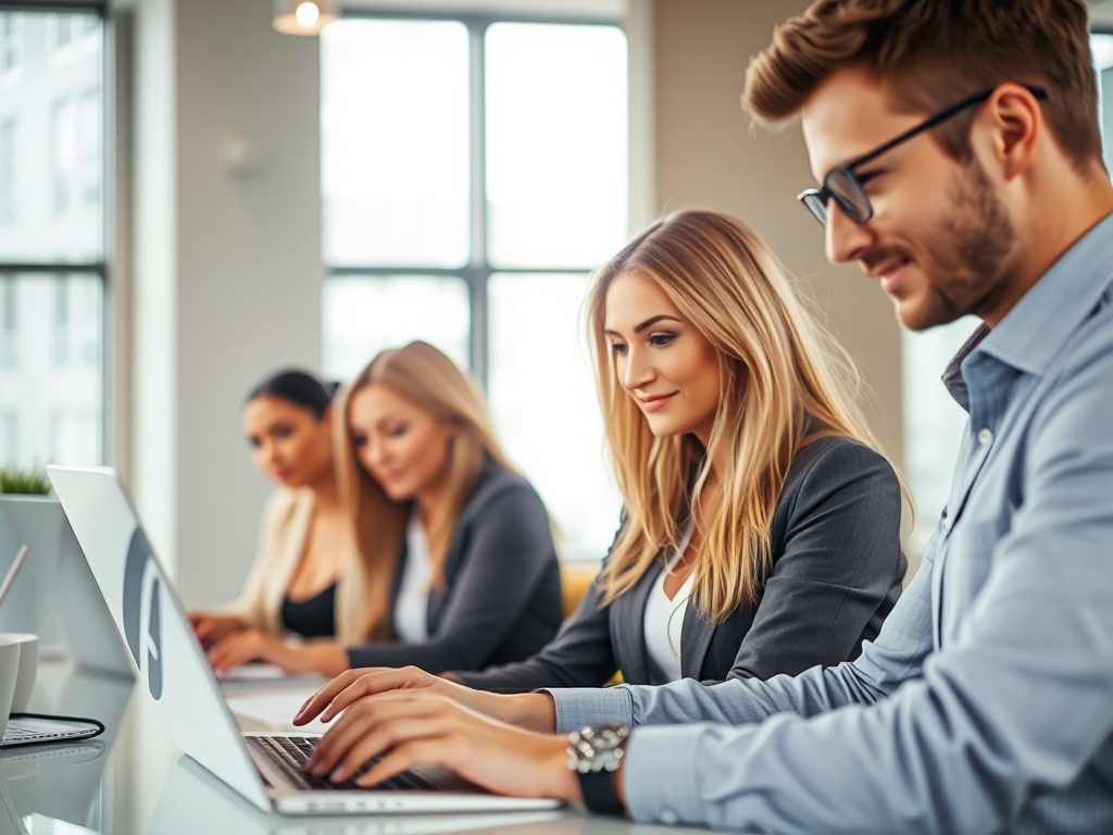 Nhóm nhân viên văn phòng hiện đại đang làm việc với hóa đơn điện tử trên máy tính xách tay, không gian làm việc chuyên nghiệp với ánh sáng tự nhiên, thể hiện sự tiện lợi và hiệu quả của giải pháp b...