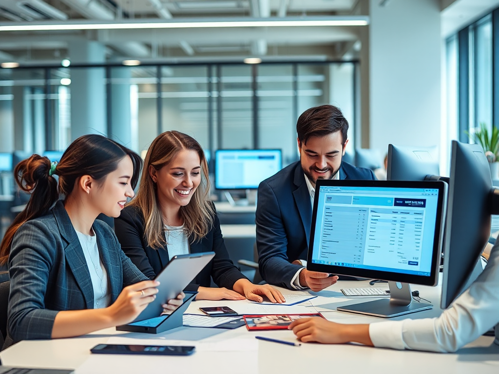 Nhóm nhân viên văn phòng hiện đại đang sử dụng máy tính bảng và máy tính để tạo hóa đơn điện tử trong không gian làm việc chuyên nghiệp với tông màu xanh chủ đạo