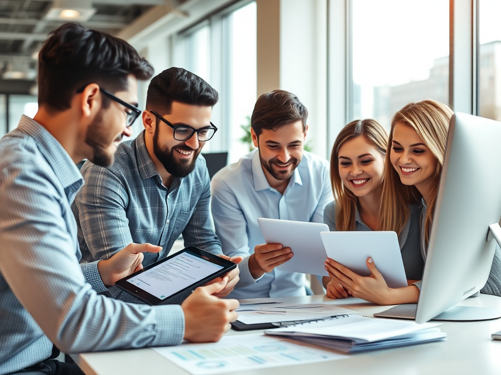 Nhóm nhân viên văn phòng hiện đại đang sử dụng máy tính bảng và máy tính để làm việc với hóa đơn điện tử, không gian làm việc chuyên nghiệp với ánh sáng tự nhiên, minh họa cho việc mua hóa đơn điện...