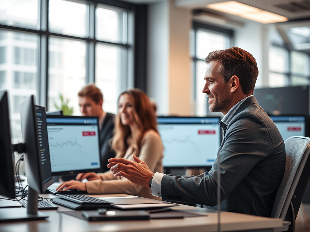 Nhóm nhân viên văn phòng hiện đại đang xử lý hóa đơn VAT trên máy tính, màn hình hiển thị dữ liệu tài chính, không gian làm việc chuyên nghiệp với ánh sáng tự nhiên