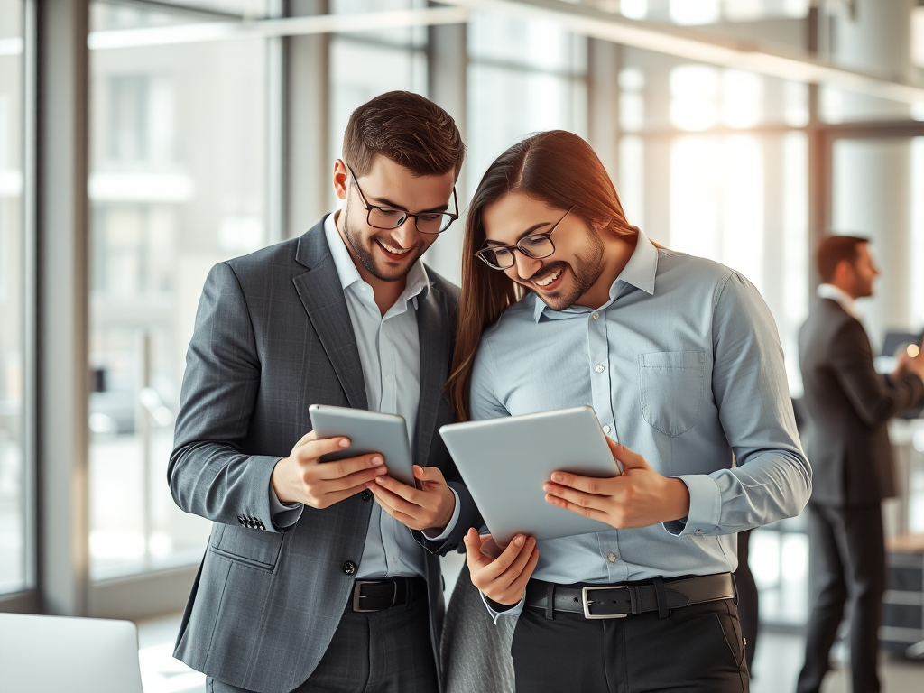 Nhóm nhân viên văn phòng hiện đại làm việc với thiết bị điện tử, ánh sáng tự nhiên, không gian chuyên nghiệp, tập trung vào công nghệ số và giải pháp hóa đơn điện tử