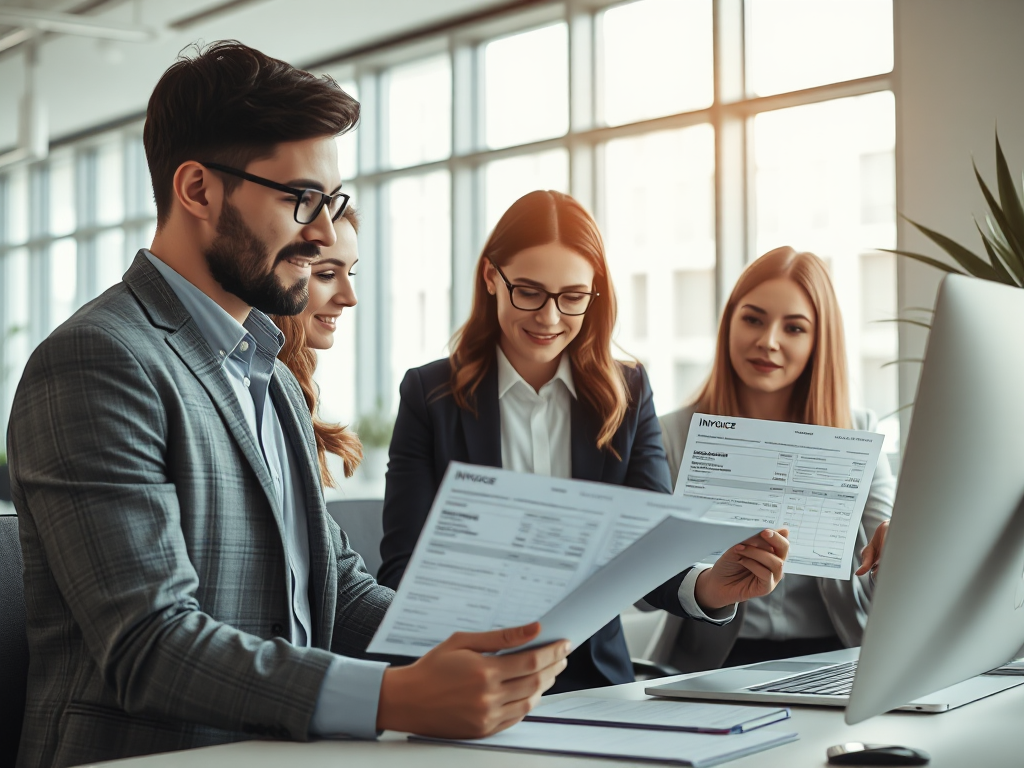 Nhóm nhân viên văn phòng làm việc với hóa đơn điện tử trên máy tính, ánh sáng tự nhiên từ cửa sổ, không gian làm việc chuyên nghiệp và ngăn nắp, thể hiện dịch vụ hóa đơn VAT hiện đại