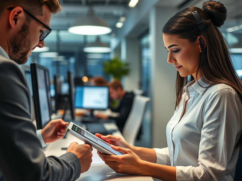 Nhóm nhân viên văn phòng sử dụng máy tính bảng và máy tính để xử lý hóa đơn điện tử trong không gian làm việc hiện đại, ánh sáng văn phòng chuyên nghiệp