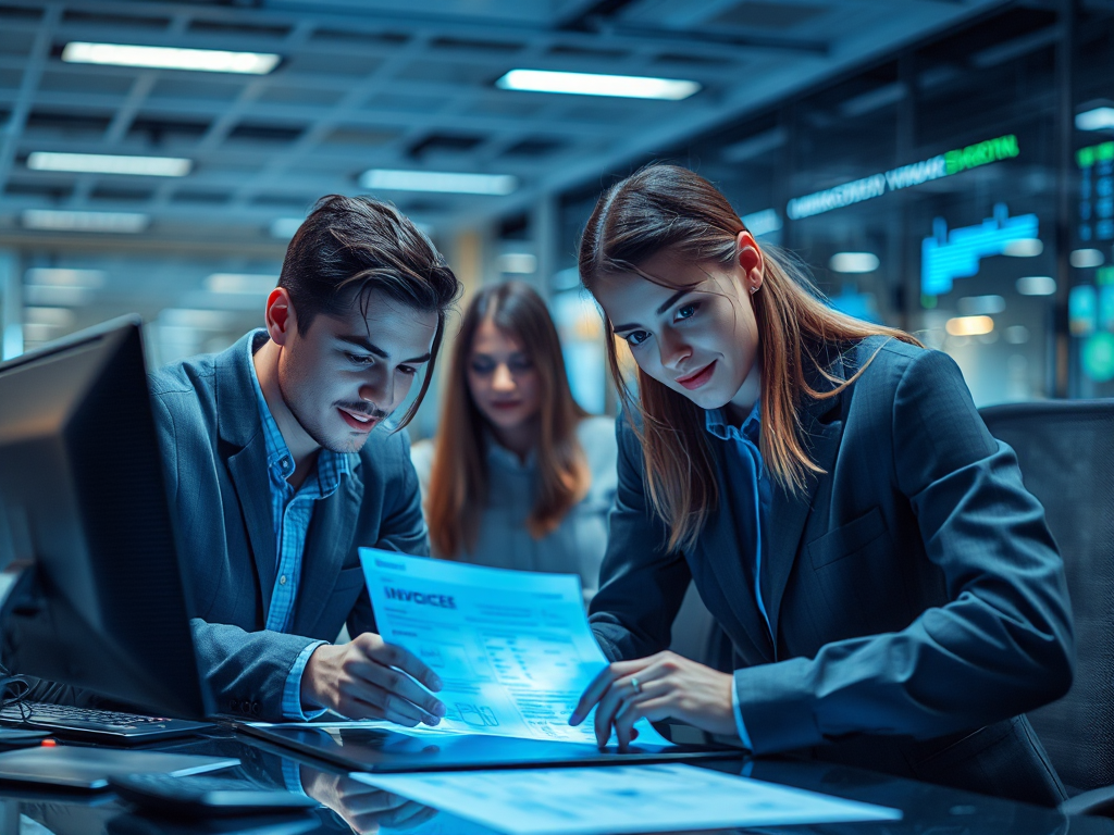 Nhóm nhân viên xử lý hóa đơn điện tử với tài liệu 3D hologram, văn phòng hiện đại với ánh sáng công nghệ xanh dương, minh họa dịch vụ hóa đơn điện tử