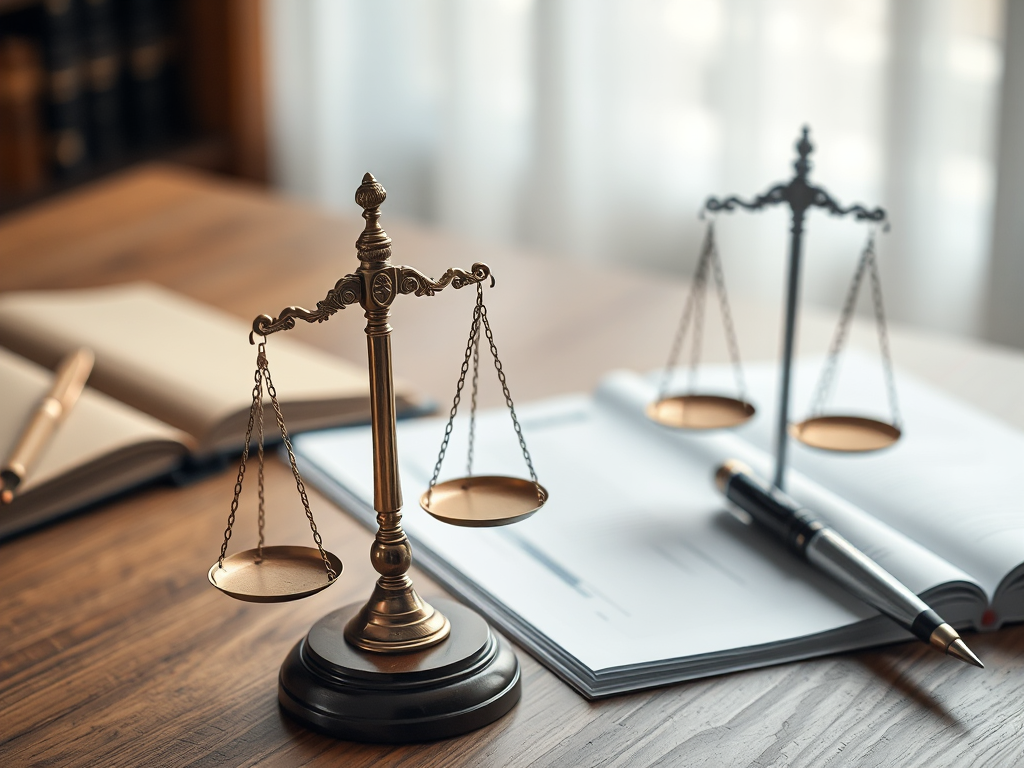 Tài liệu pháp luật và cân công lý trên bàn gỗ, ánh sáng tự nhiên dịu nhẹ, thể hiện sự công bằng trong quy định về mua bán hóa đơn