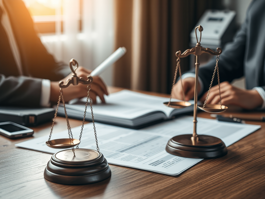Tài liệu pháp lý và cân công lý trên bàn gỗ, khung cảnh tư vấn pháp lý chuyên nghiệp, ánh sáng văn phòng ấm áp, thể hiện hậu quả pháp lý của việc bán hóa đơn đỏ